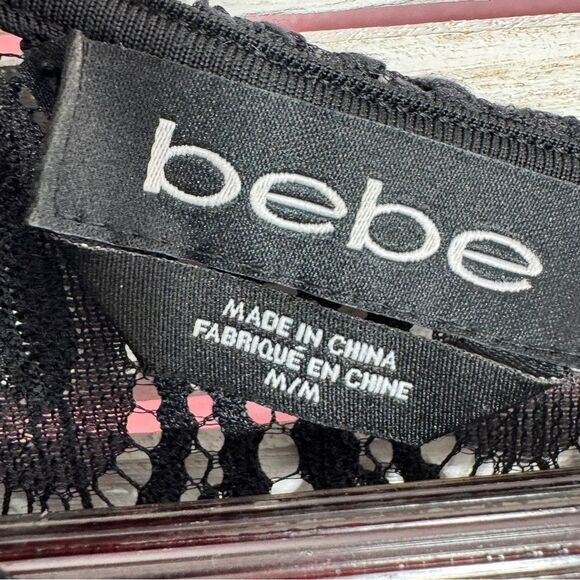 Bebe Lace Overlay Bandeau Pencil Dress Sheer Back Long Sleeve Black Medium - Picture 10 of 13